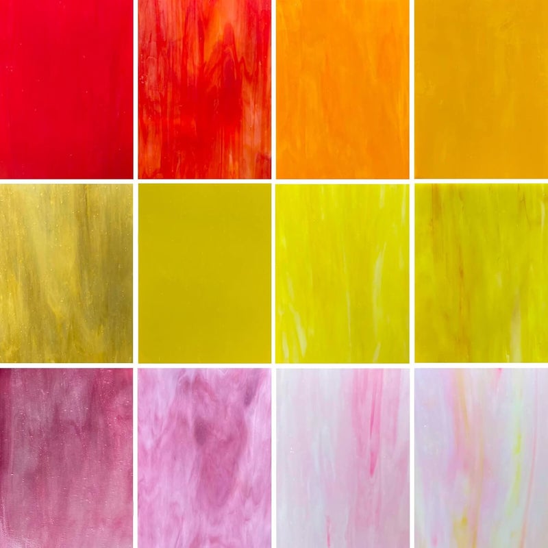 LITMIND 12 Sheets Stained Glass Variety Pack, 4 x 6 Inch Cathedral Art, Mosaic Supplies for Crafts, Sheets for Making Projects (Opaque/Red, Yellow and Pink Mixed) - Image 1